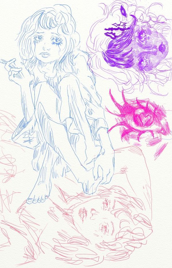 Praca 07 - dziewczyna z duchami w niebieskim fiolecie i rozu