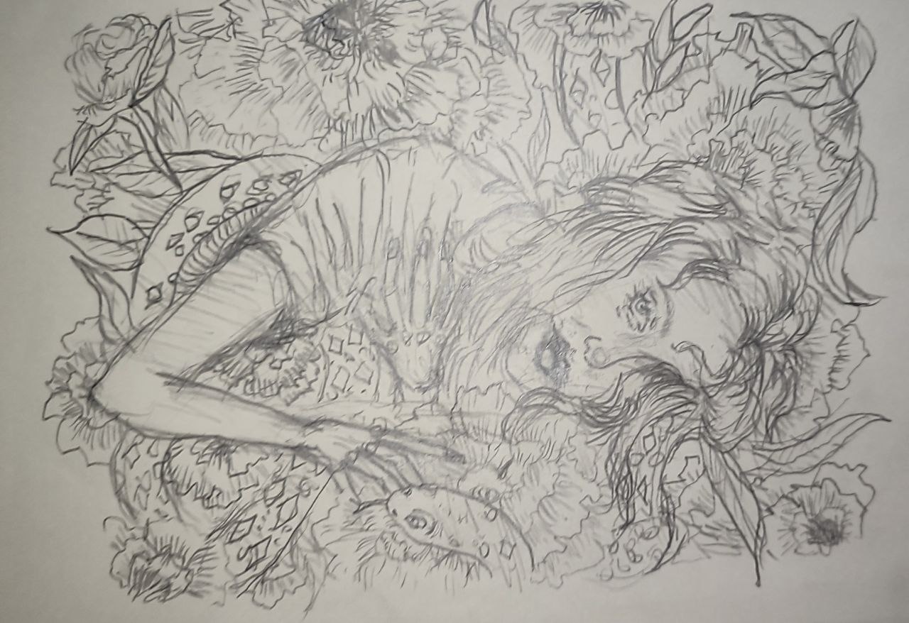 Praca 08 - dziewczyna wsrod kwiatow rysunek olowkiem